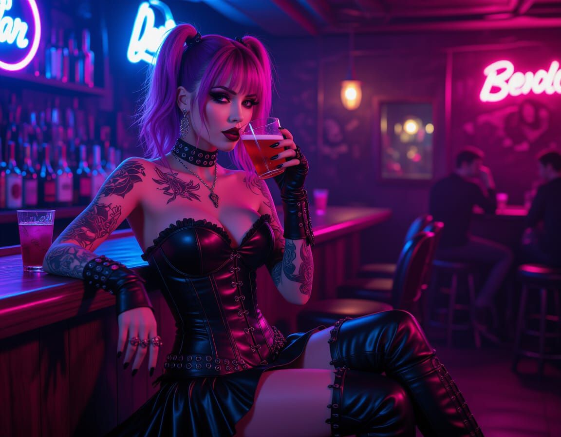 Gothic Woman with Tattoos in Nightclub, Hyperrealistic Style