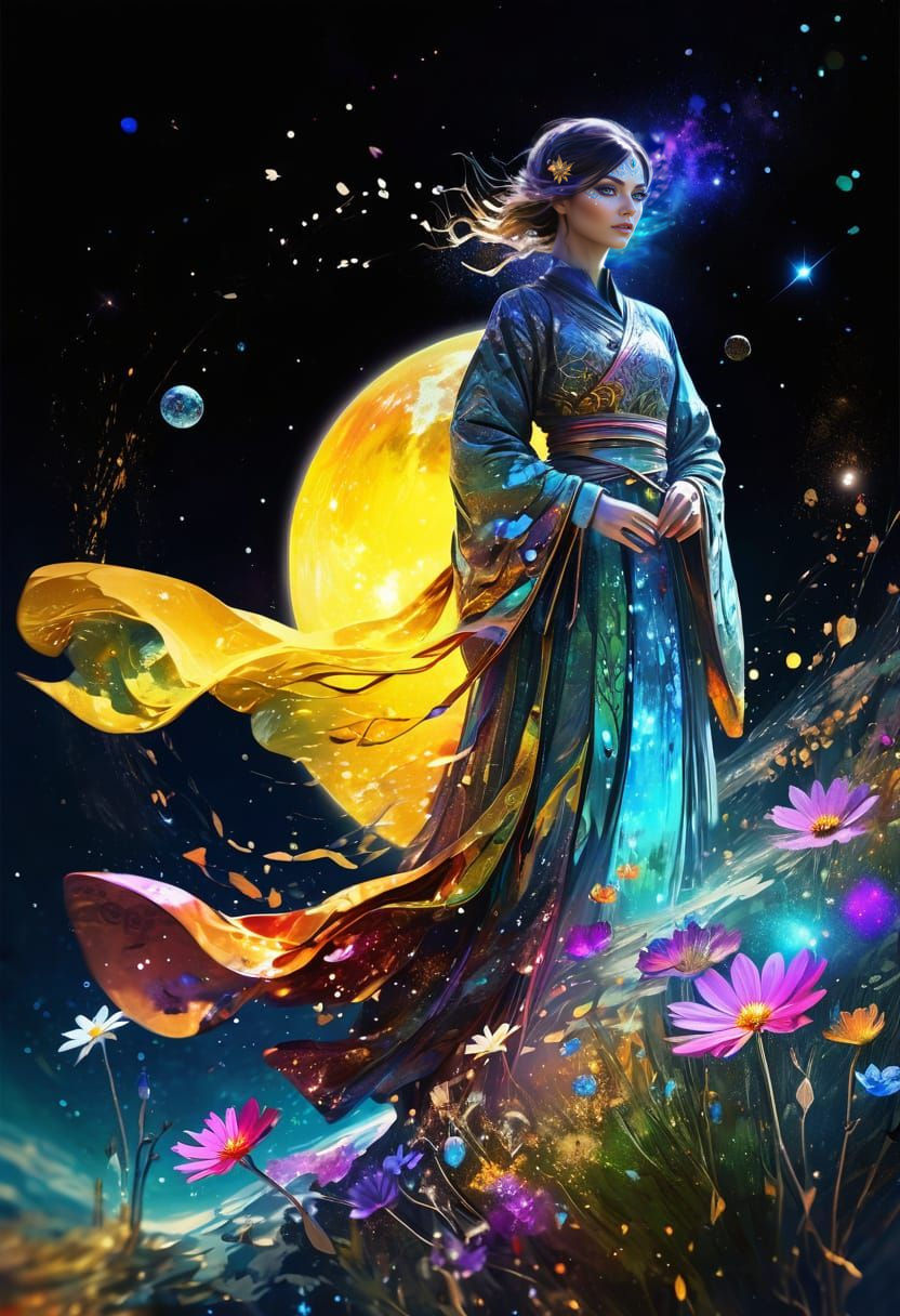 Cosmic Sorceress in Vibrant Spring Wonderland