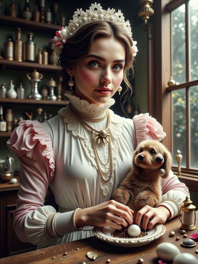 Cosmonaut Milkmaid in Victorian Gentlewoman's Attire in Supe...