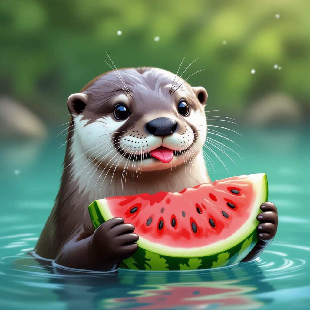 Cute Otter Eating Watermelon: A Realistic Depiction