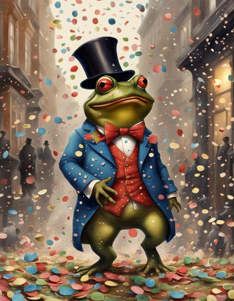 Victorian Toad Celebration with Falling Confetti