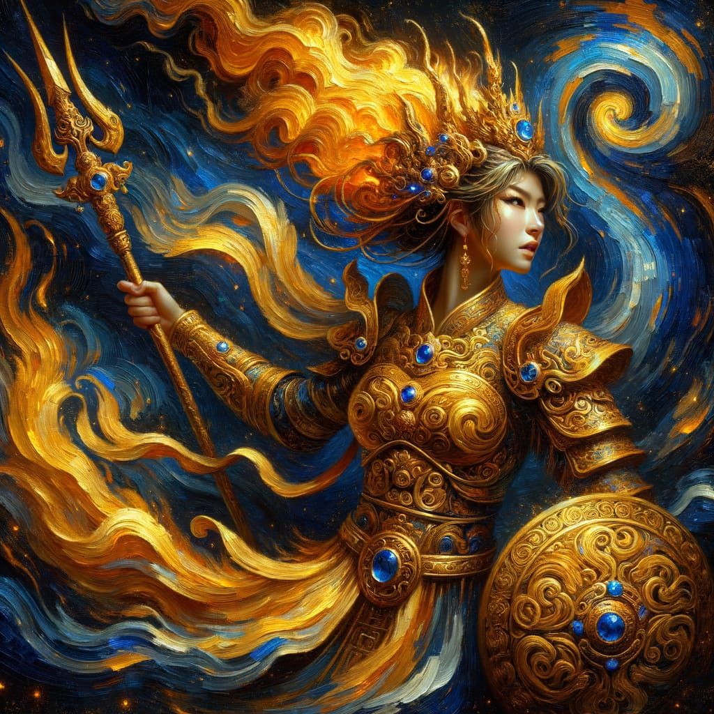 Radiant Asian Warrior Goddess in Van Gogh Style