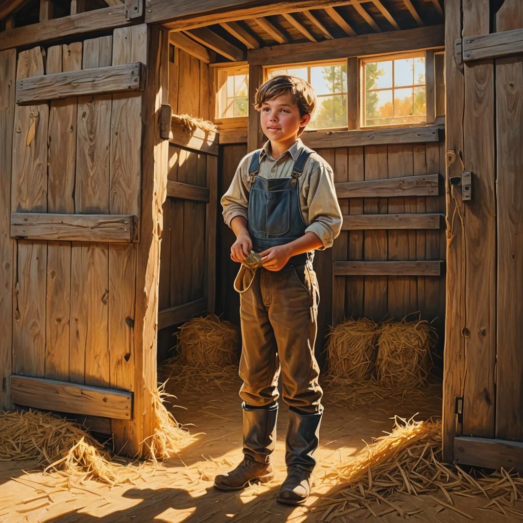 Boy in Stable: Whimsical Rustic Painting