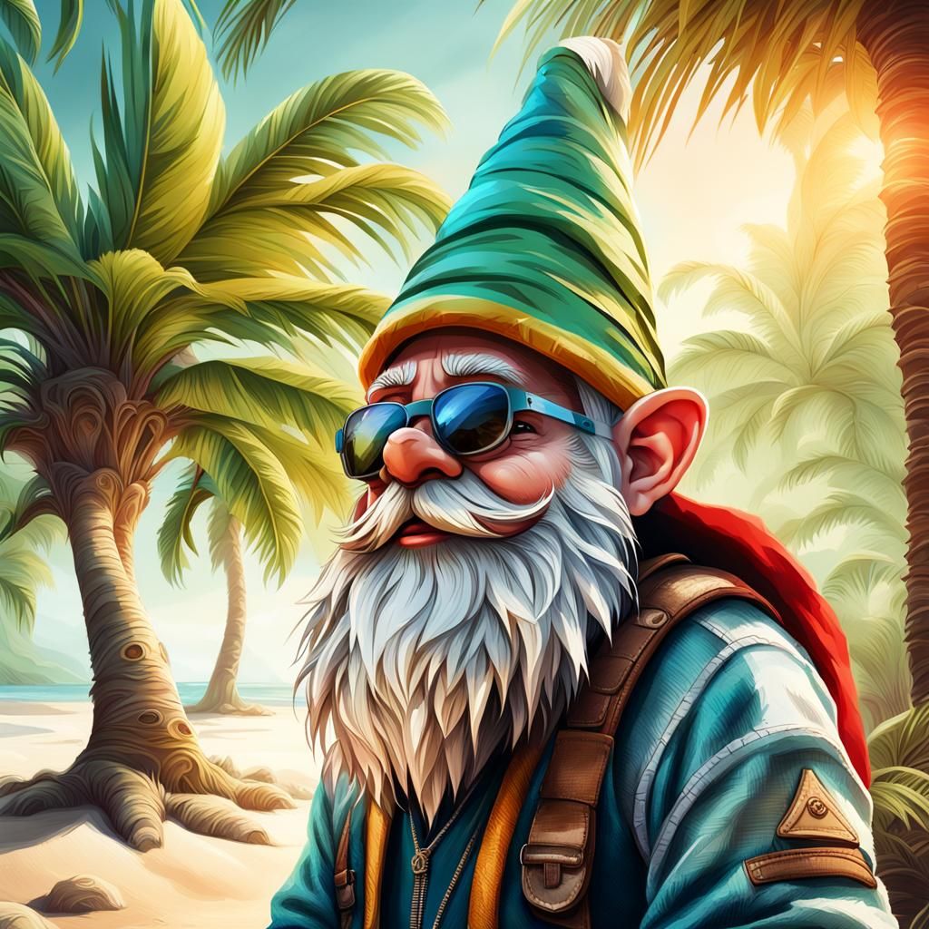Serene Gnome Under Palm Tree: Hyper-Realistic Digital Art
