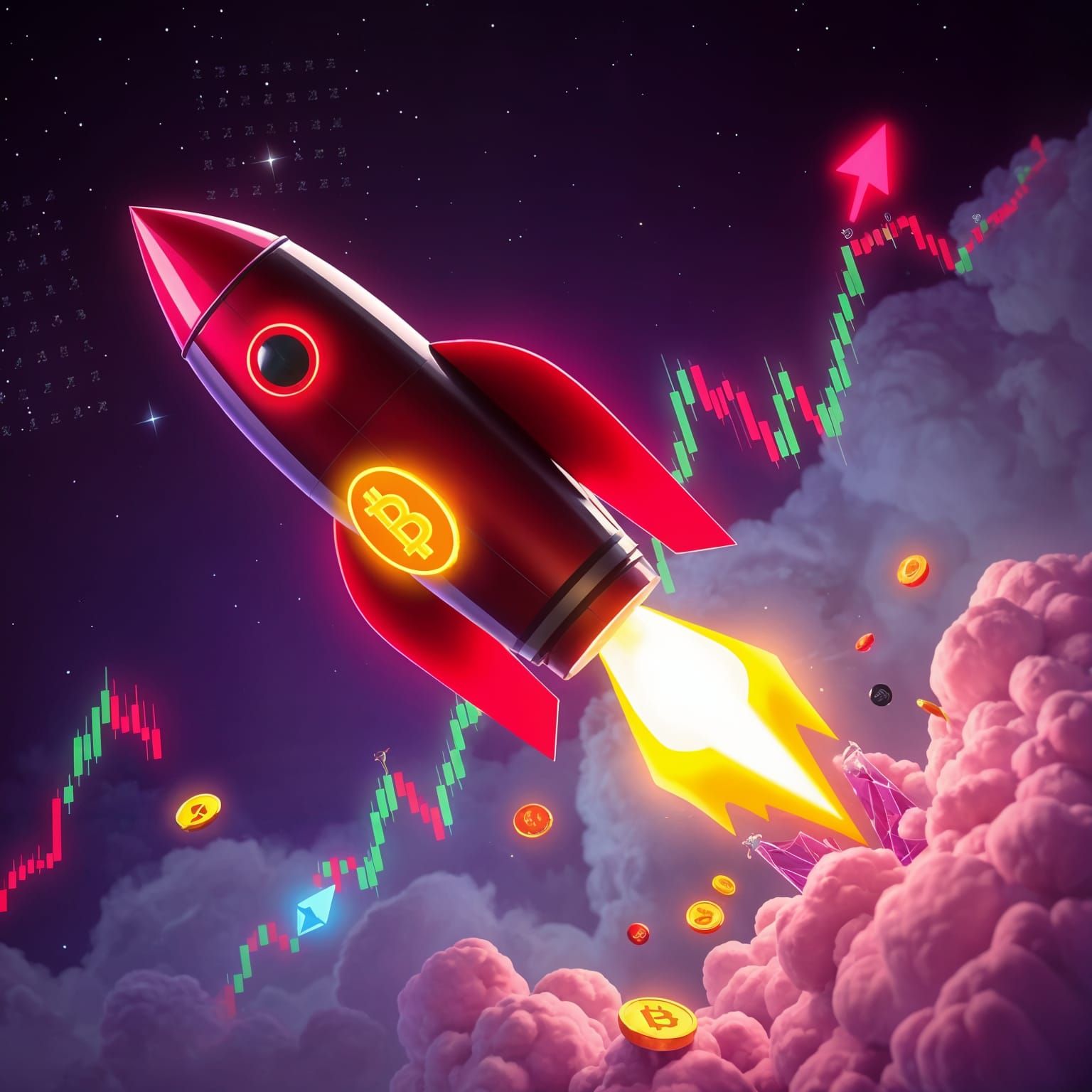 Bitcoin Rocket Launch in Synthwave Style