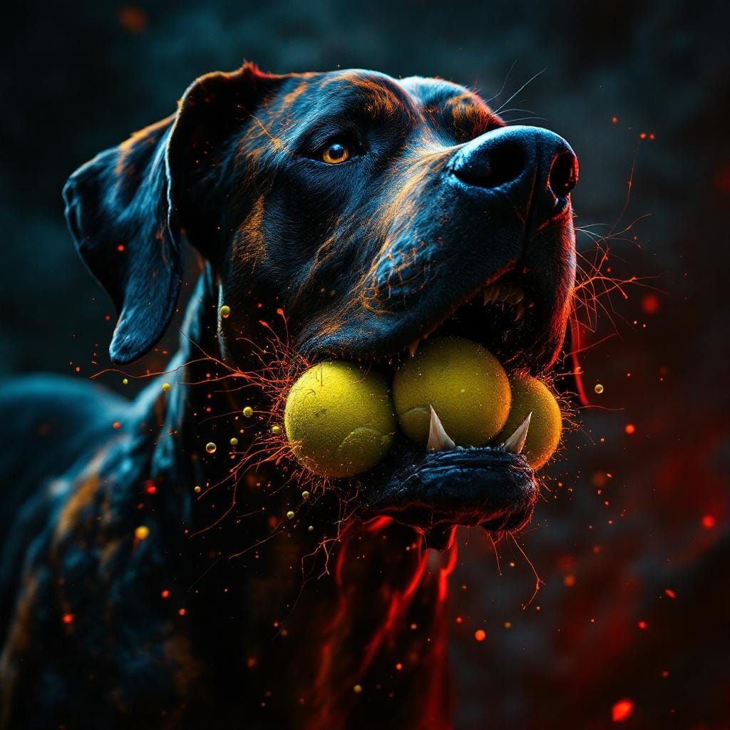 Great Dane Overflowing with Tennis Balls in Epic Fantasy Sty...