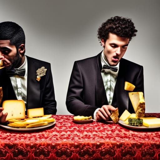 Hyperrealistic Punks Enjoying Fancy Cheese