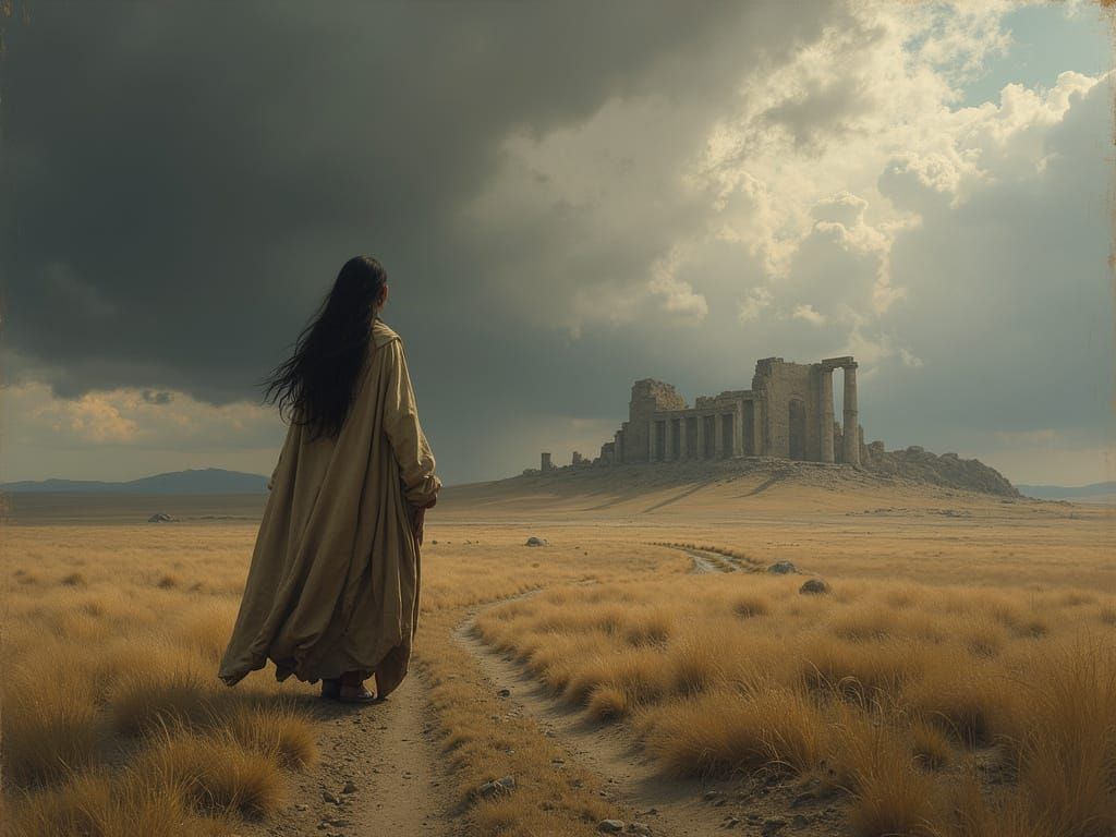 Woman Traveler Faces Ancient Ruins Under Stormy Sky