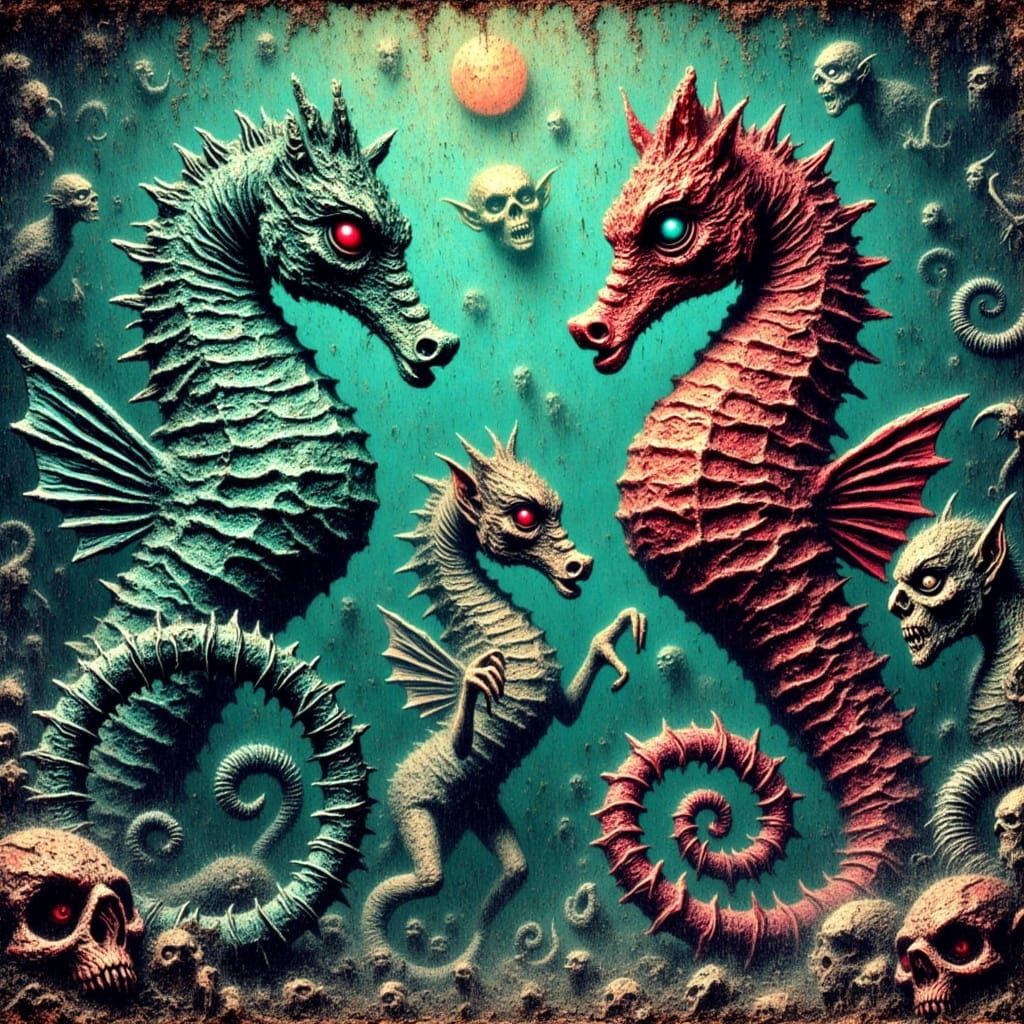 Ethereal Seahorses Construct a Dystopian World in a Cyberpun...