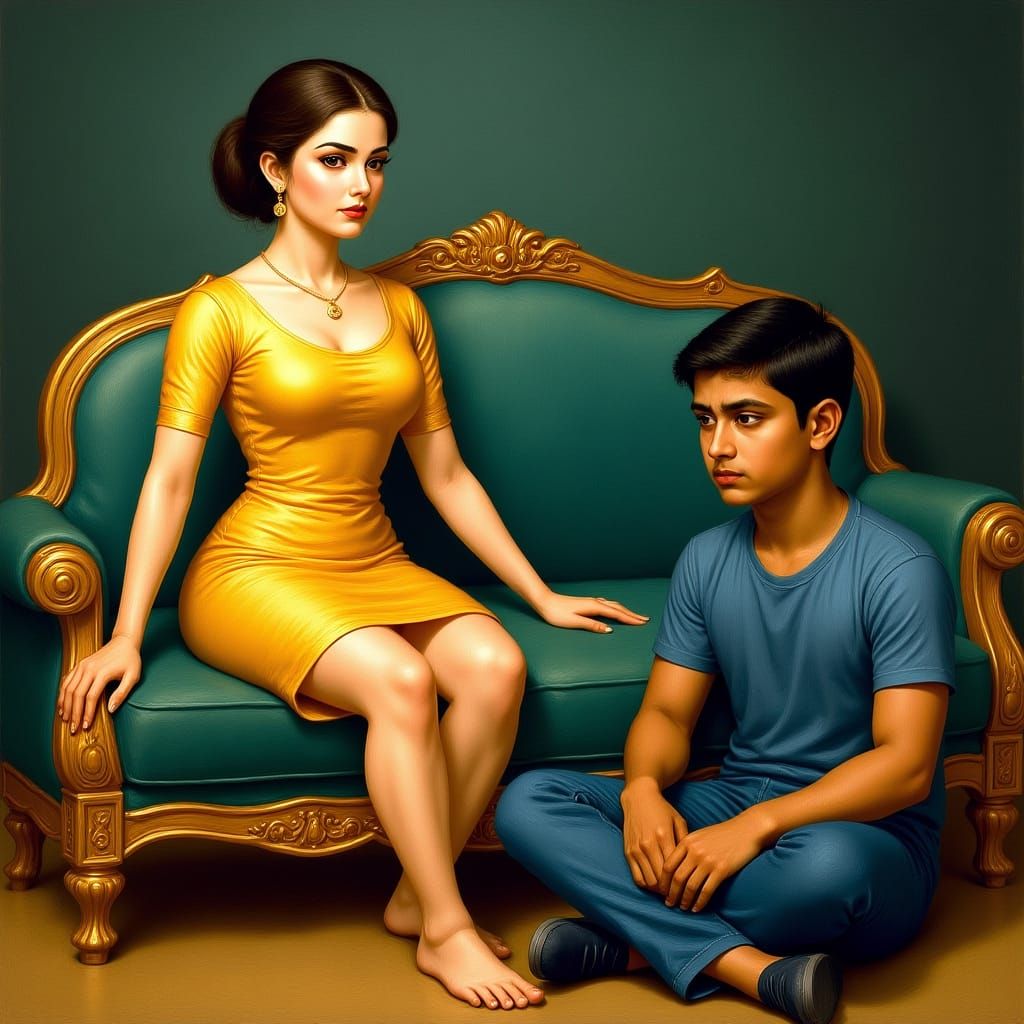 Indian Woman and Boy in Opulent Miniature Painting Style