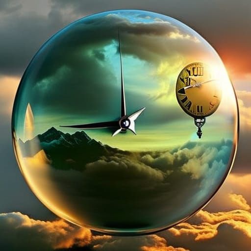 Intricate Clocks in Glass Sphere, Detailed Digital Art