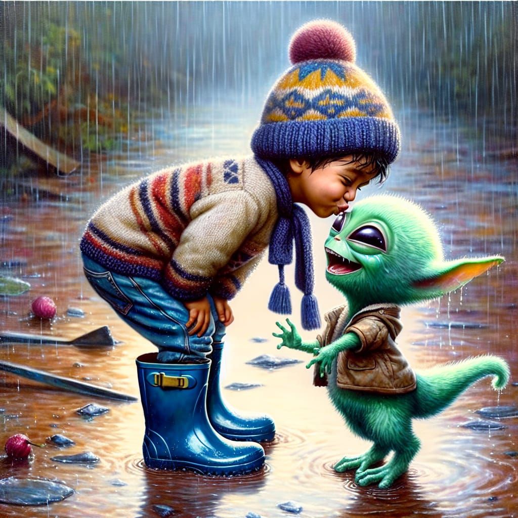 Boy and Green Alien in Surrealist Oil Painting