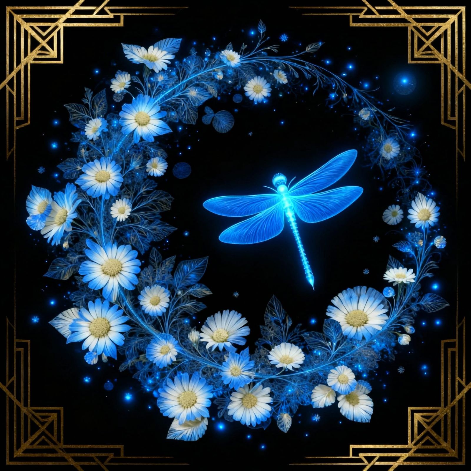 Fractal Daisy and Dragonfly in Blue Night