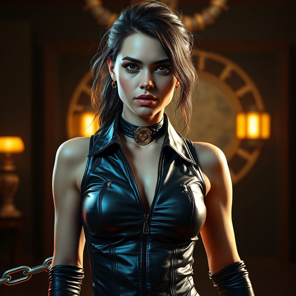 Sensual Woman Chained in Leather, in Cyberpunk Style