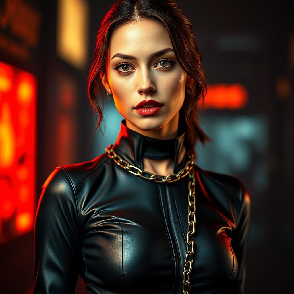 Hyper-Realistic American Woman in Leather Bodysuit, Chained ...