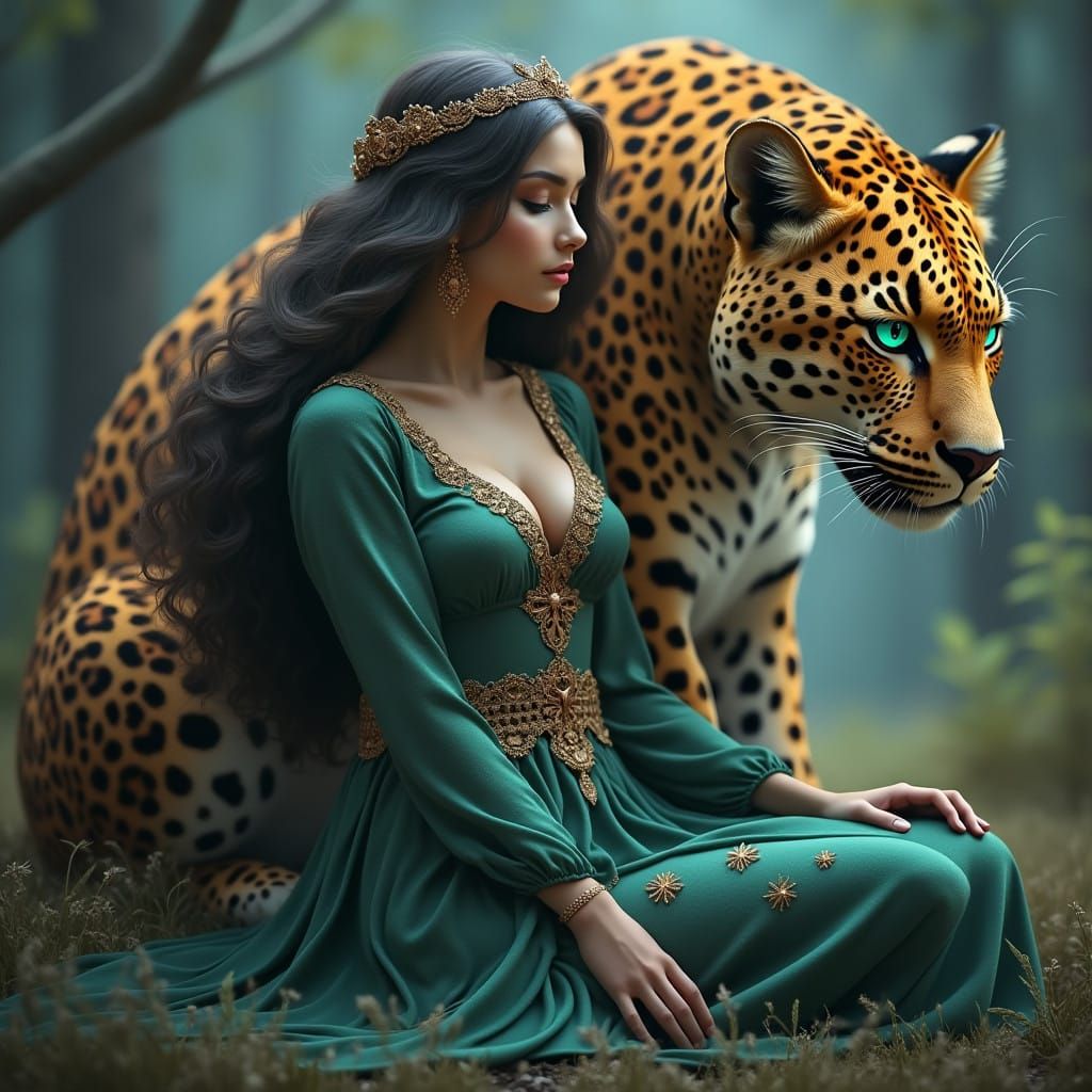 Surreal Woman Emerges from Leopard at Dusk in Fantastical Sc...