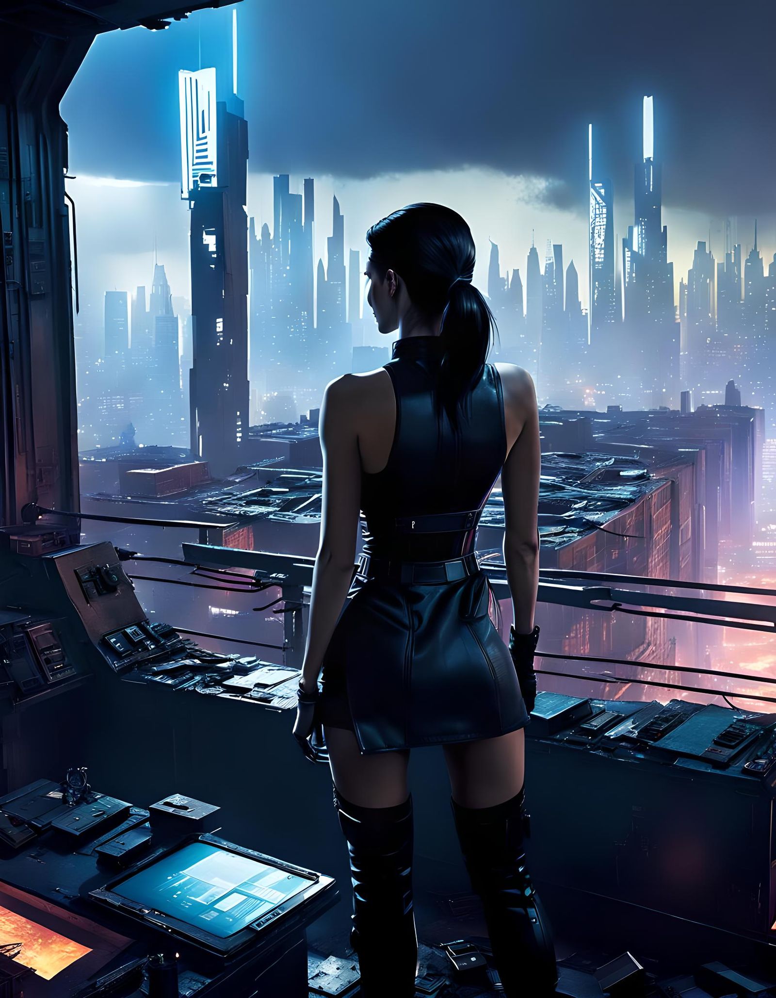 Dystopian Cityscape View with Cyberpunk Aesthetic