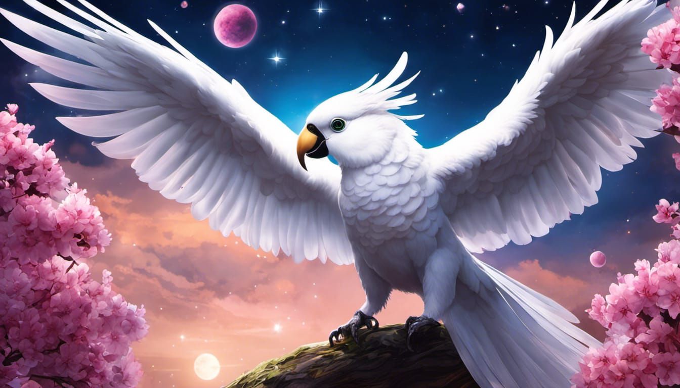 Glowing Cockatoo Among Cherry Blossoms in Dreamy Backdrop