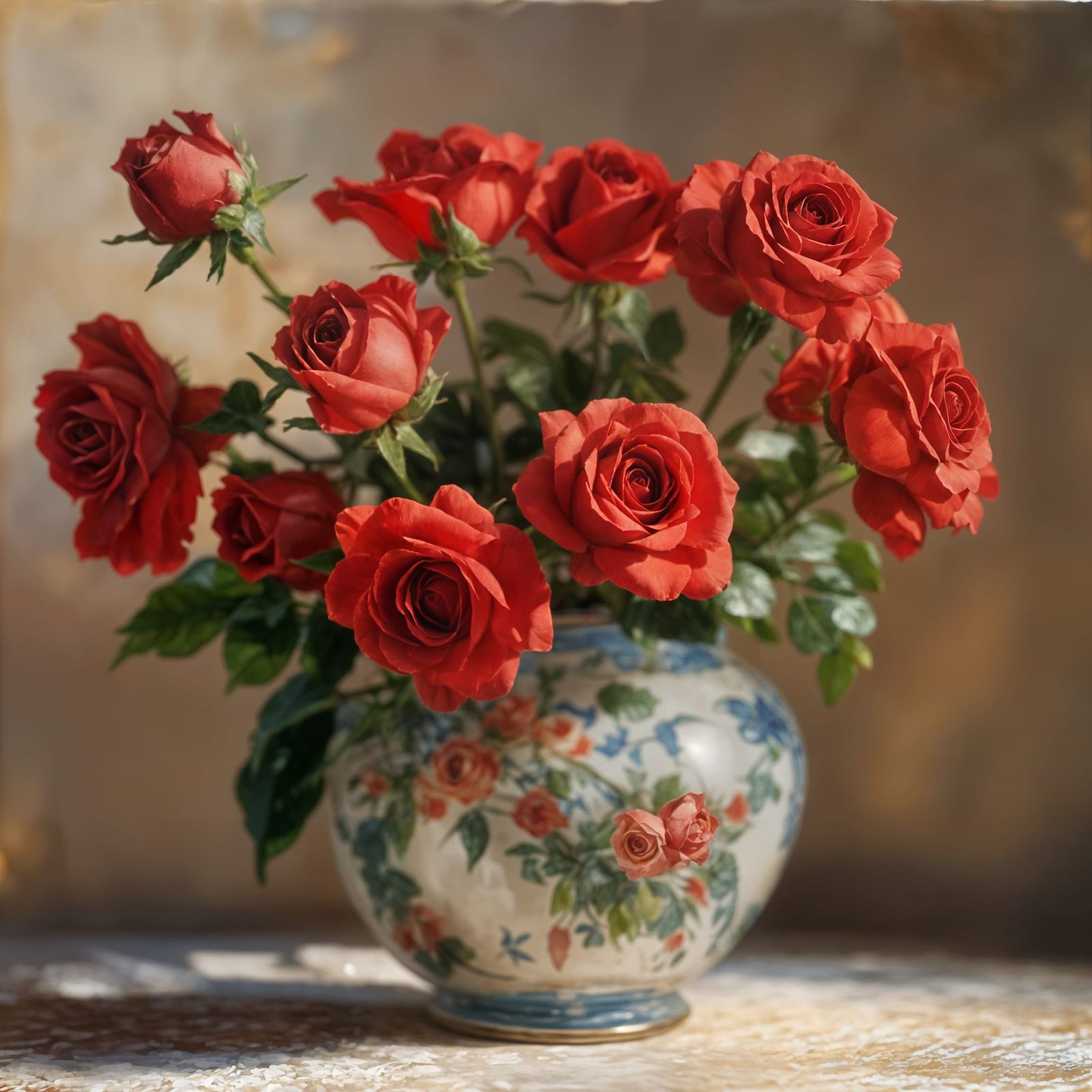 Red Roses in  antique Chinese porcelain vase