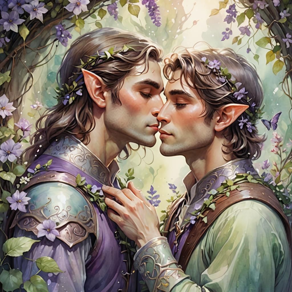 Romantic Elven Kiss in Watercolor Style