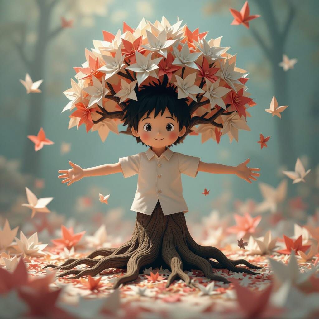 Boy's Origami Transformation into Tree, Playful Papercraft
