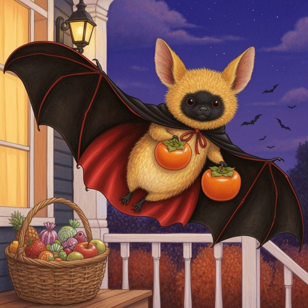 Kawaii Fruit Bat Flies with Persimmon on Halloween Night