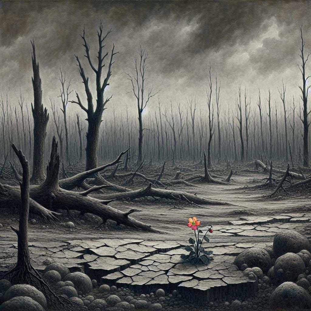 Macabre Landscape with Flower in Somber Grayscale