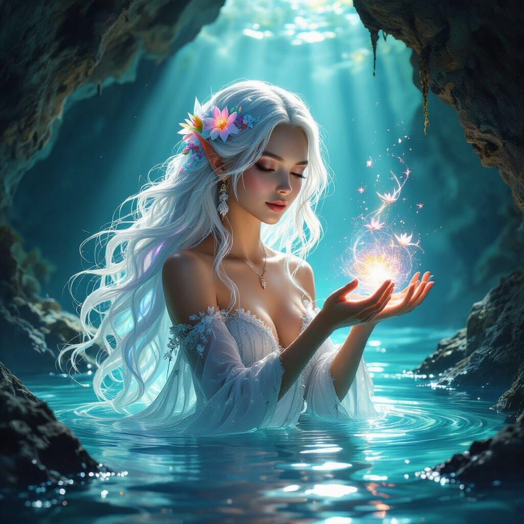 Bioluminescent Sorceress Conjuring Spell in Grotto