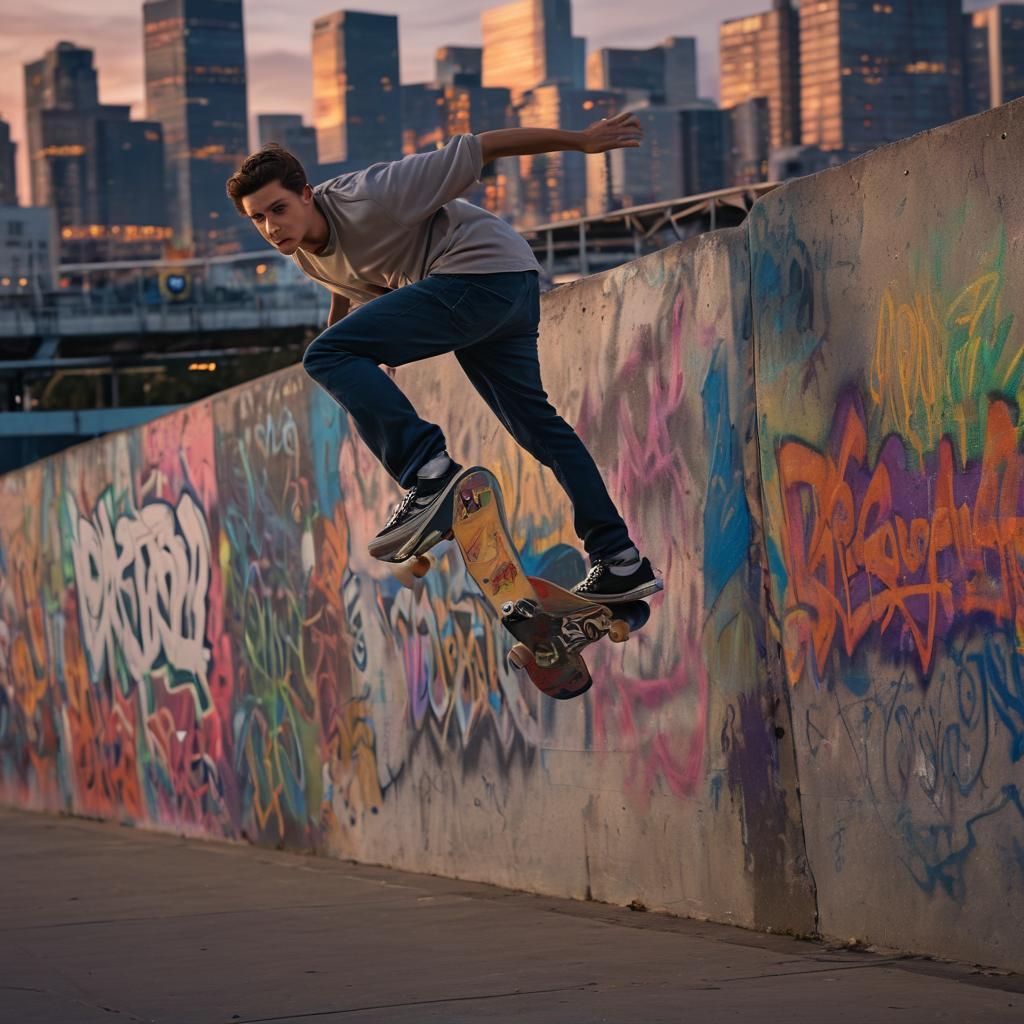 Skateboarder Kickflip in Urban Hyperrealism