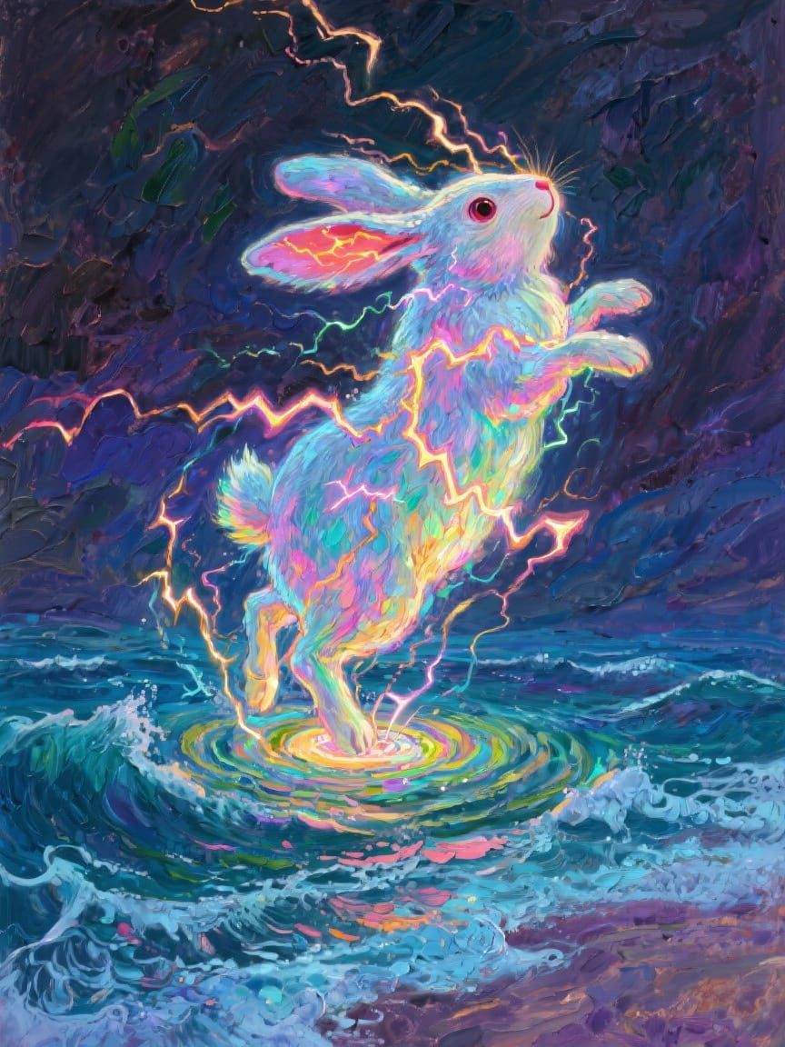 Electric Rabbit Ascending: An Impasto Painting