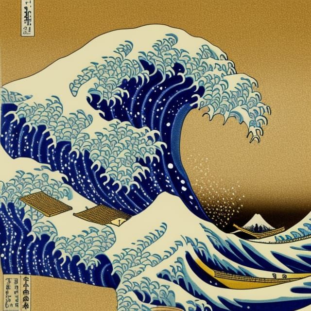 The Great Wave Katsushika Hokusai Amanda Sage yellow and blue tetradic colors surrealism stipple kintsugi