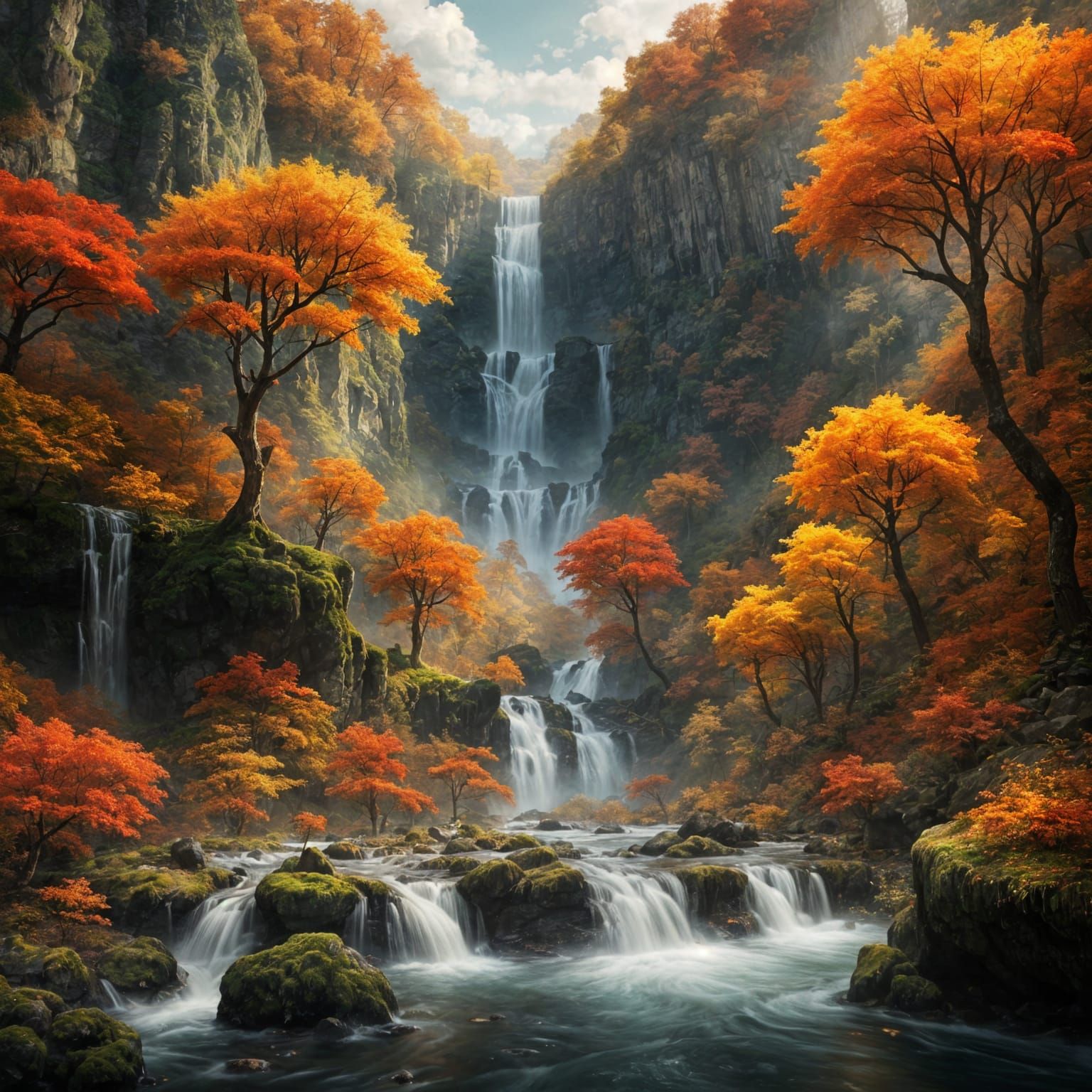 Autumn Waterfall Concept Art with Vibrant Foliage