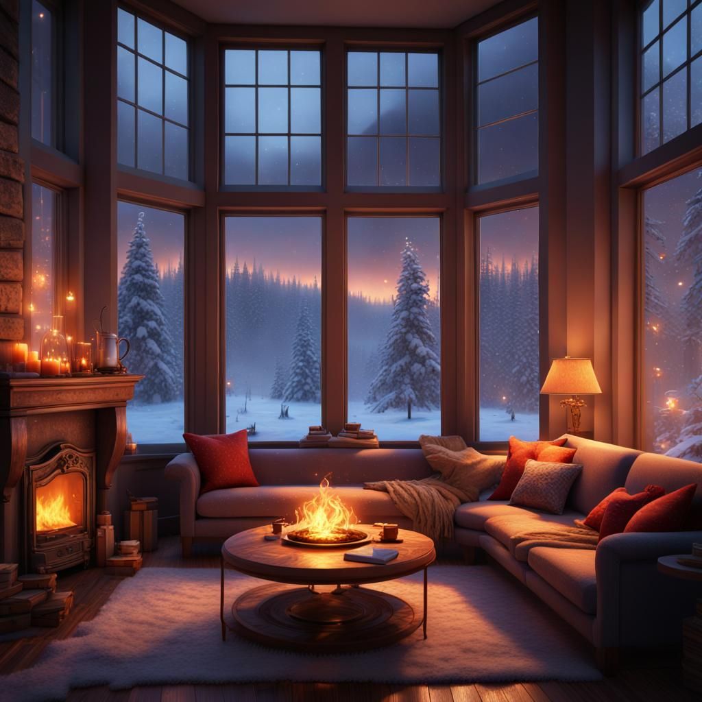 Cozy Twilight Room with Fireplace: Matte Painting