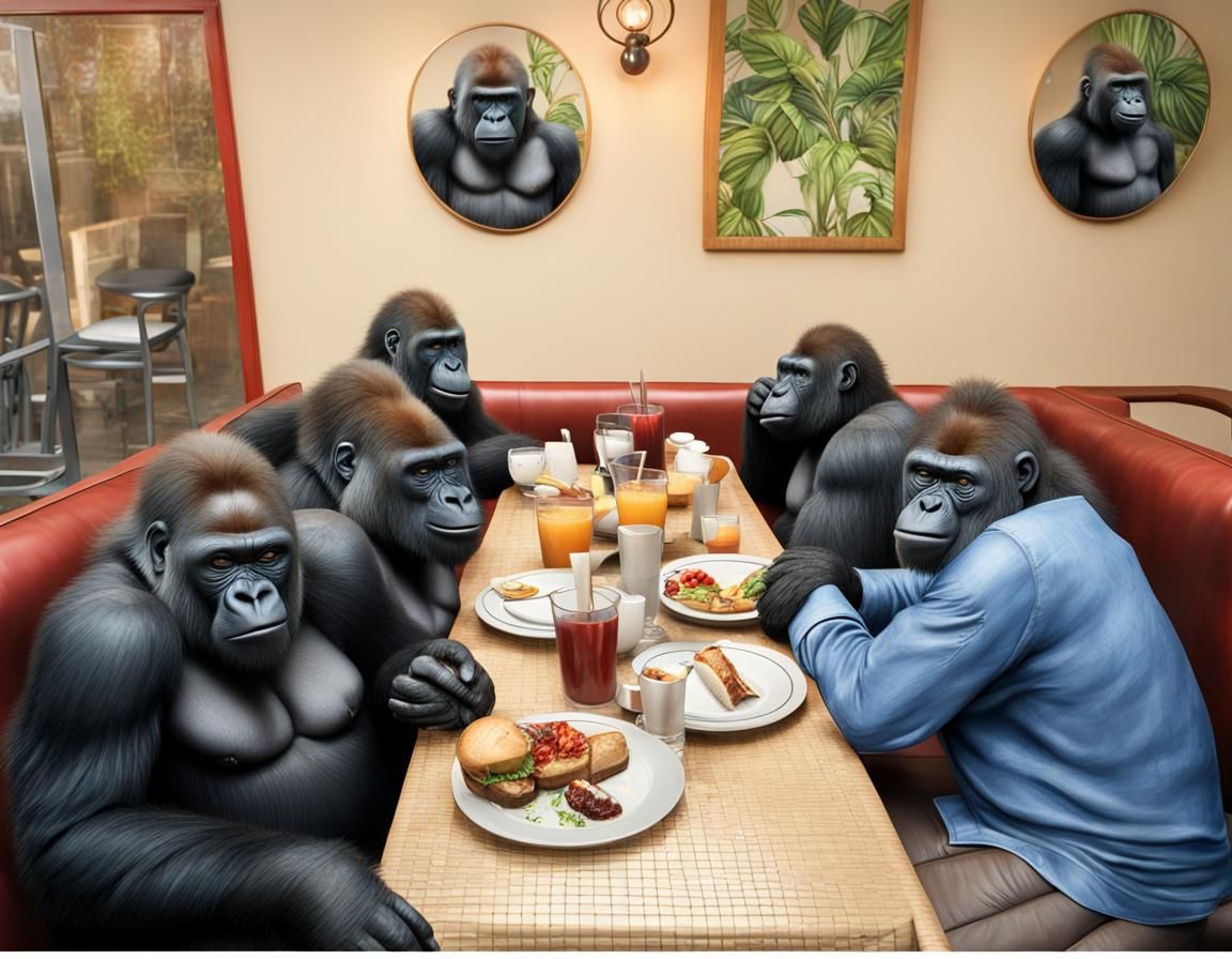 Gorillas at Breakfast in Restaurant: Photorealistic Image