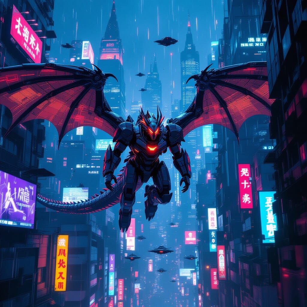 Mechanical Dragon Soars Through Cyberpunk City