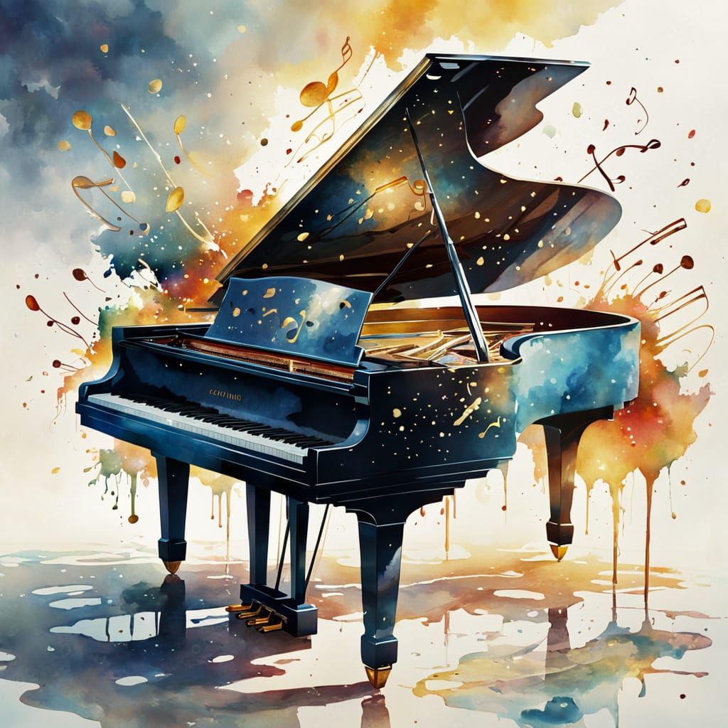 Grand Piano Dissolving into Vibrant Watercolor Splashes