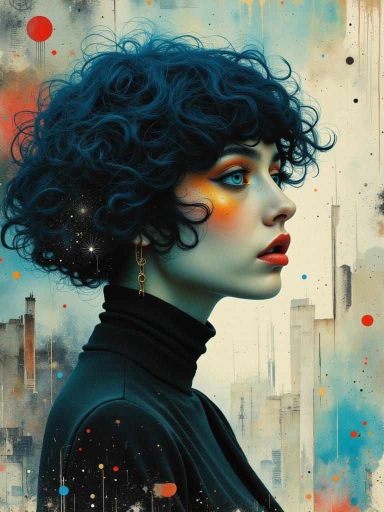 Melancholic Dreamcore Woman in Watercolor Alcohol Ink Style