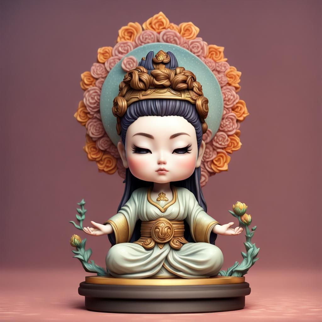 Hyperrealistic Quan Yin Bobblehead Figurine in Splash Art