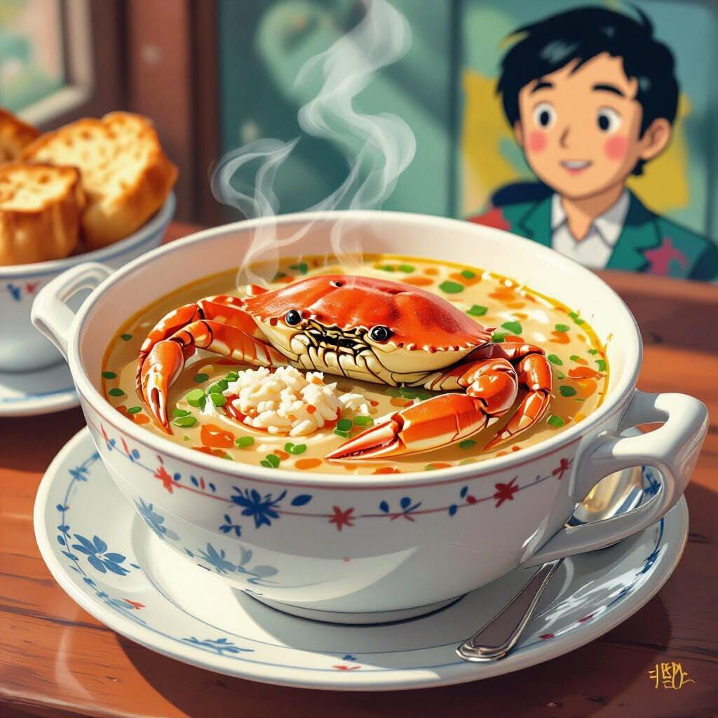 Vibrant Crab Soup in Cozy Seaside Cafe Style