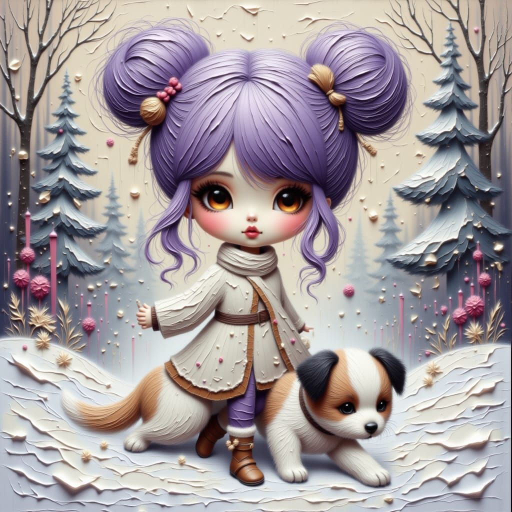 Little Girl in Winter Coat with St Bernard, Painterly Style