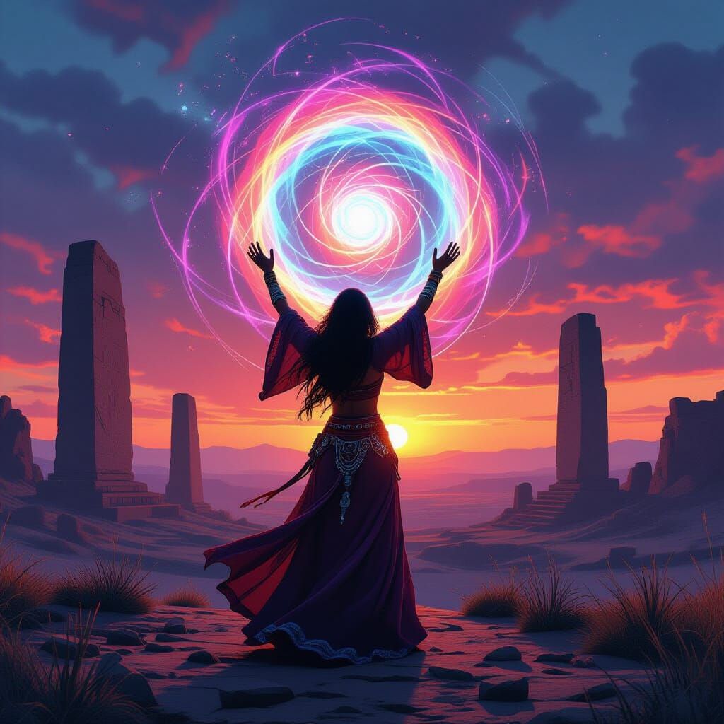 Techno-Shaman Summons Vortex on Windswept Mesa