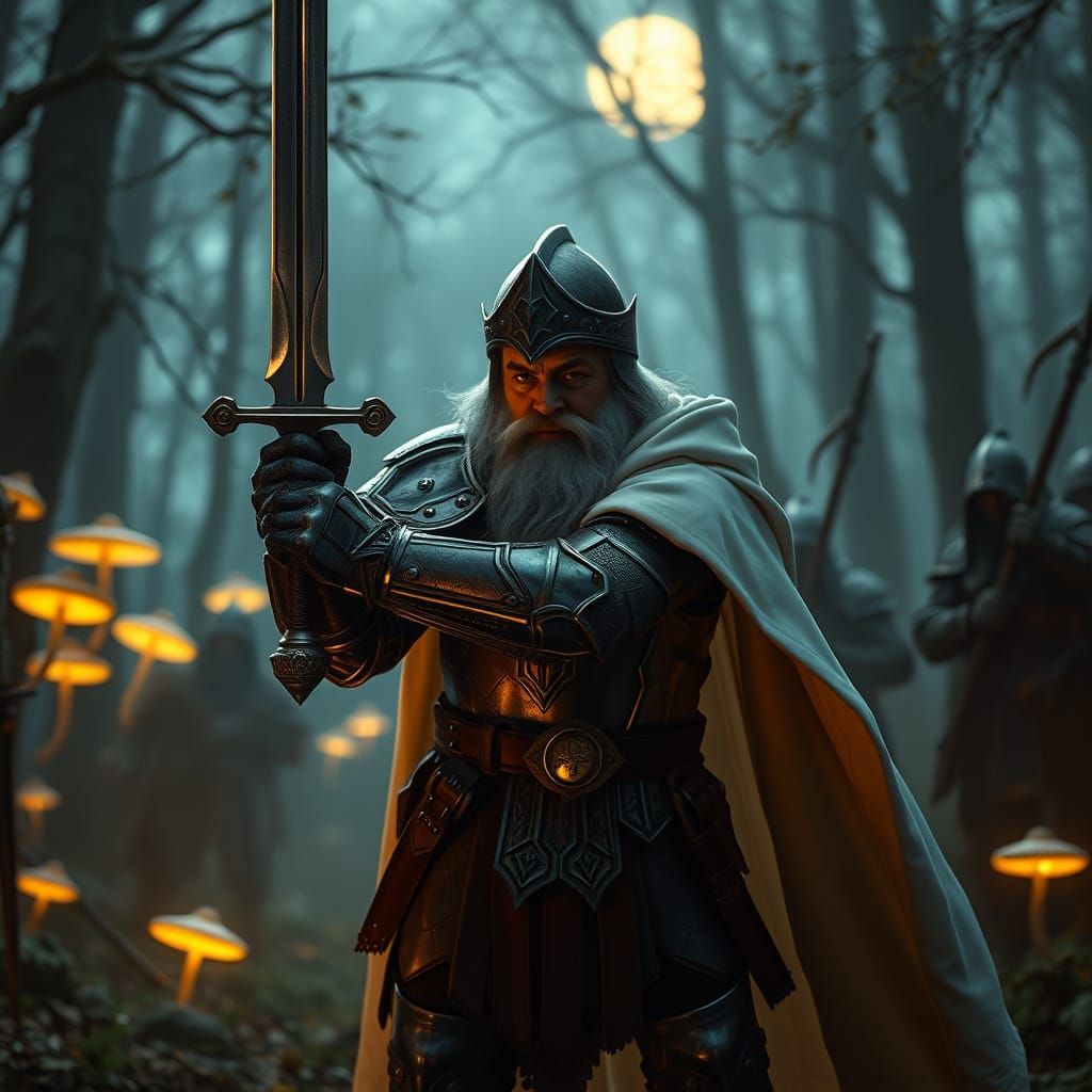 Gnomish Paladin Vanquishes Bandits in Moonlit Medieval Fores...