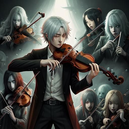 Violinist's Spectral Serenade: An Anime-Style Undead Concert