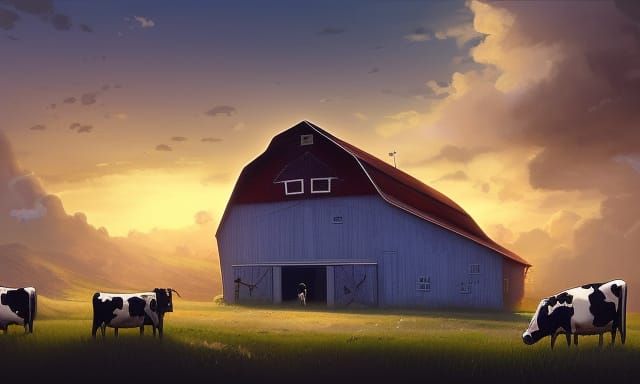 Idyllic Farmhouse with Cows and Flowers Illustration