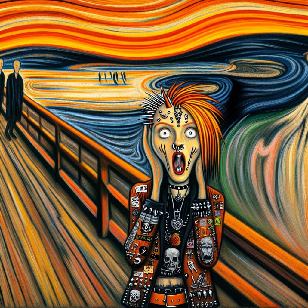 Create a modern version of the Scream painting with a punk w...