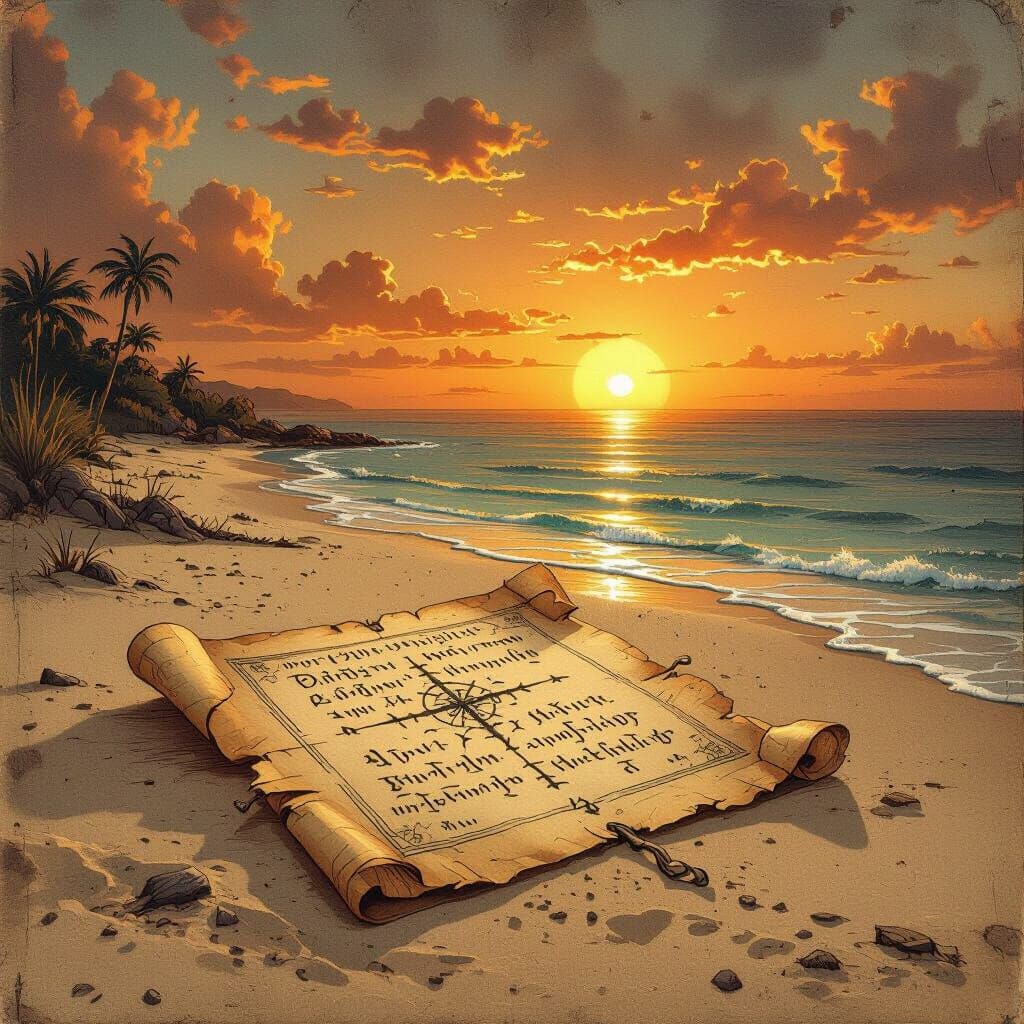 Ancient Parchment with Cryptic Symbols on Island Shore