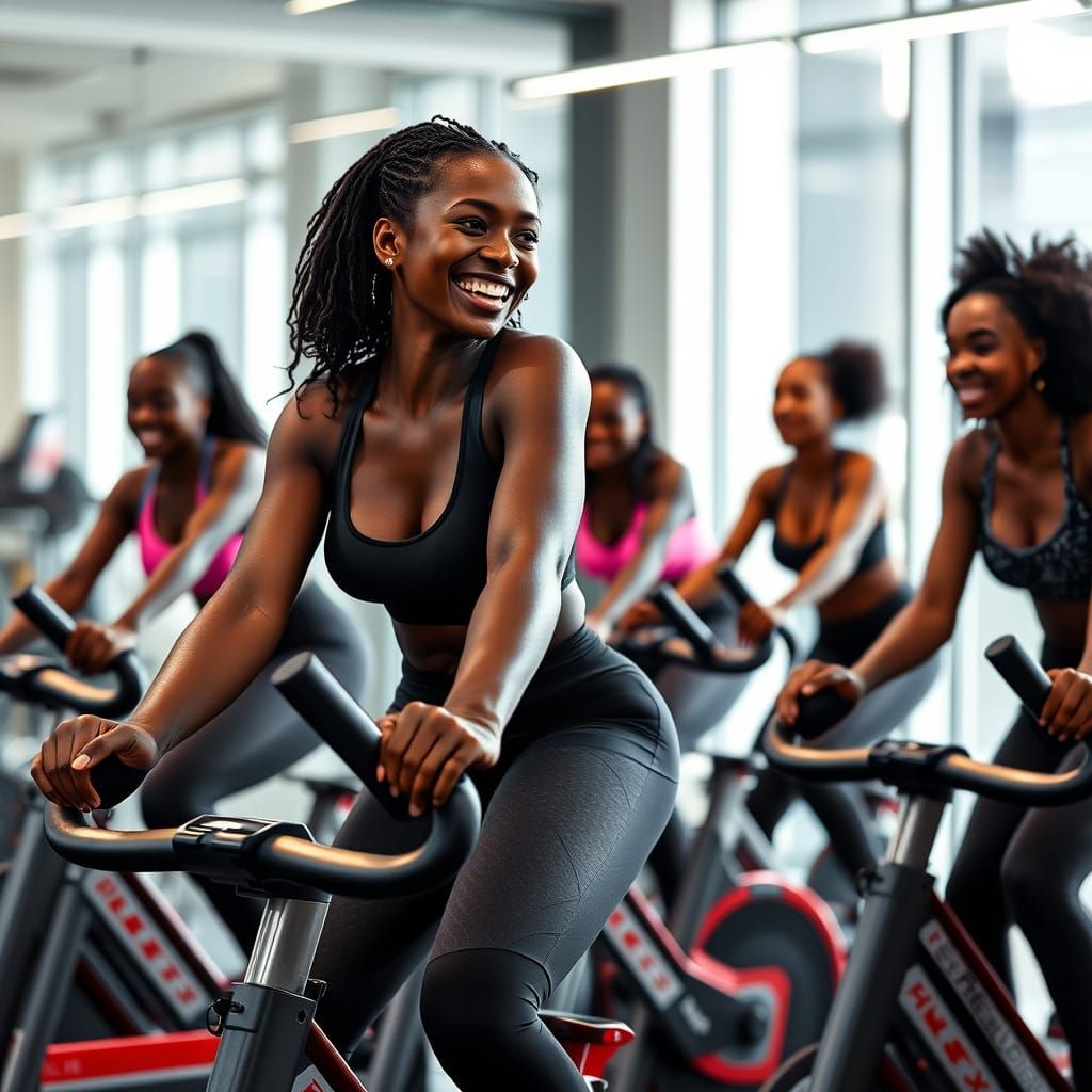 Strong Black Women in Motion on Peloton Bikes in a Modern Gy...