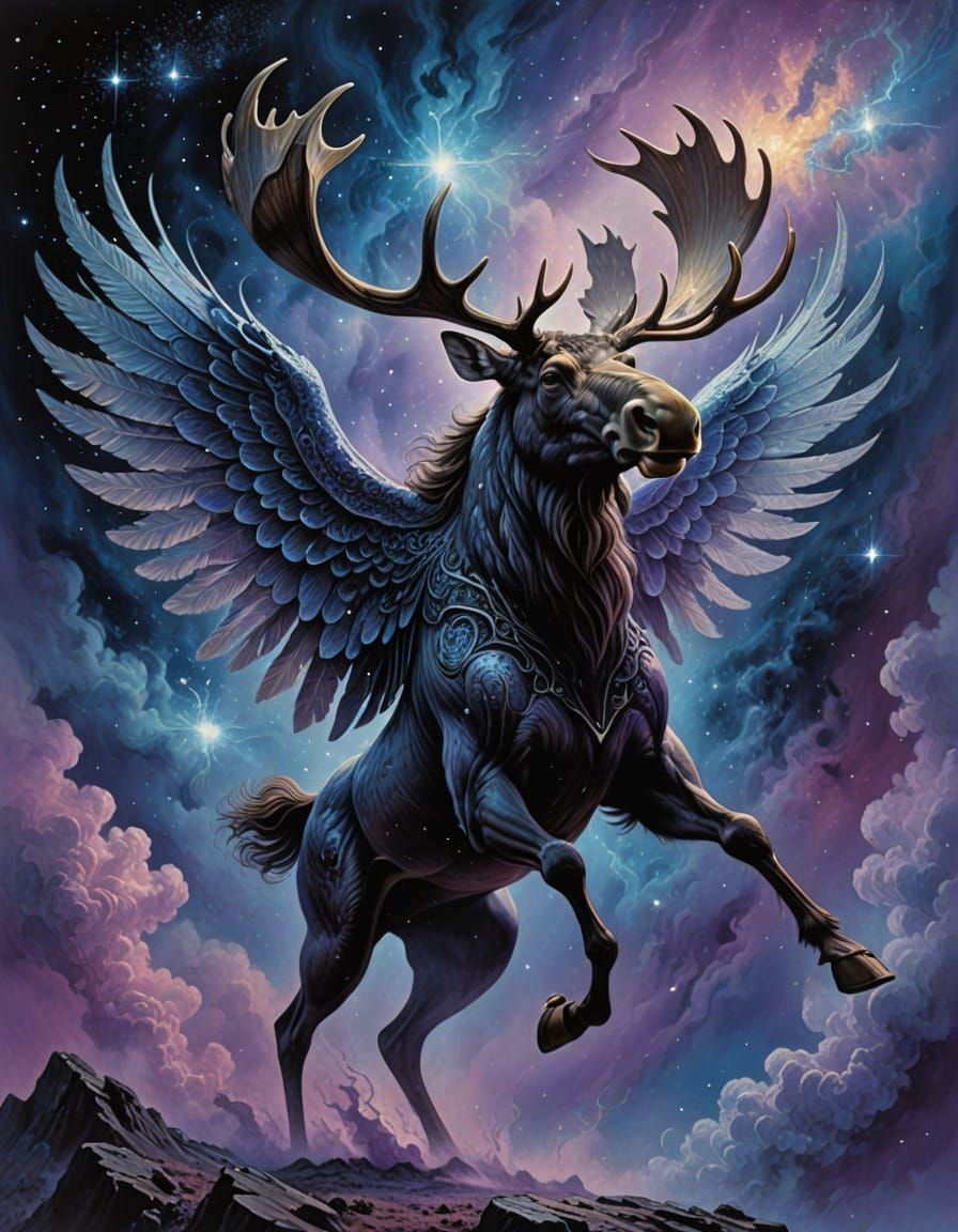 Biomechanical Moose Soaring Through Nebula in Surreal Style