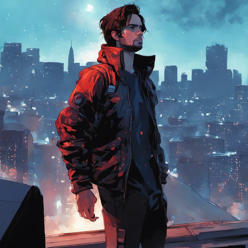 Bucky Barnes Stargazing on Rooftop Anime Art