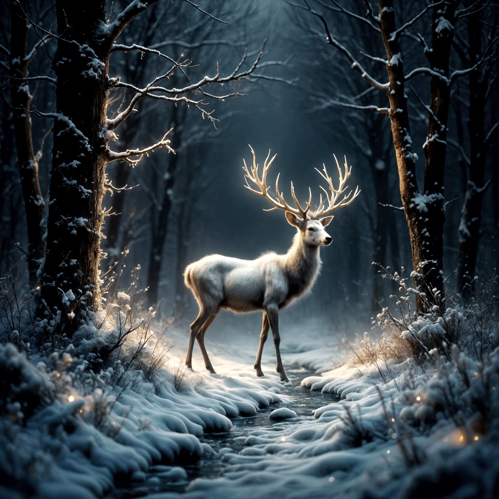 Elegant White Stag in Snowy Night Woods